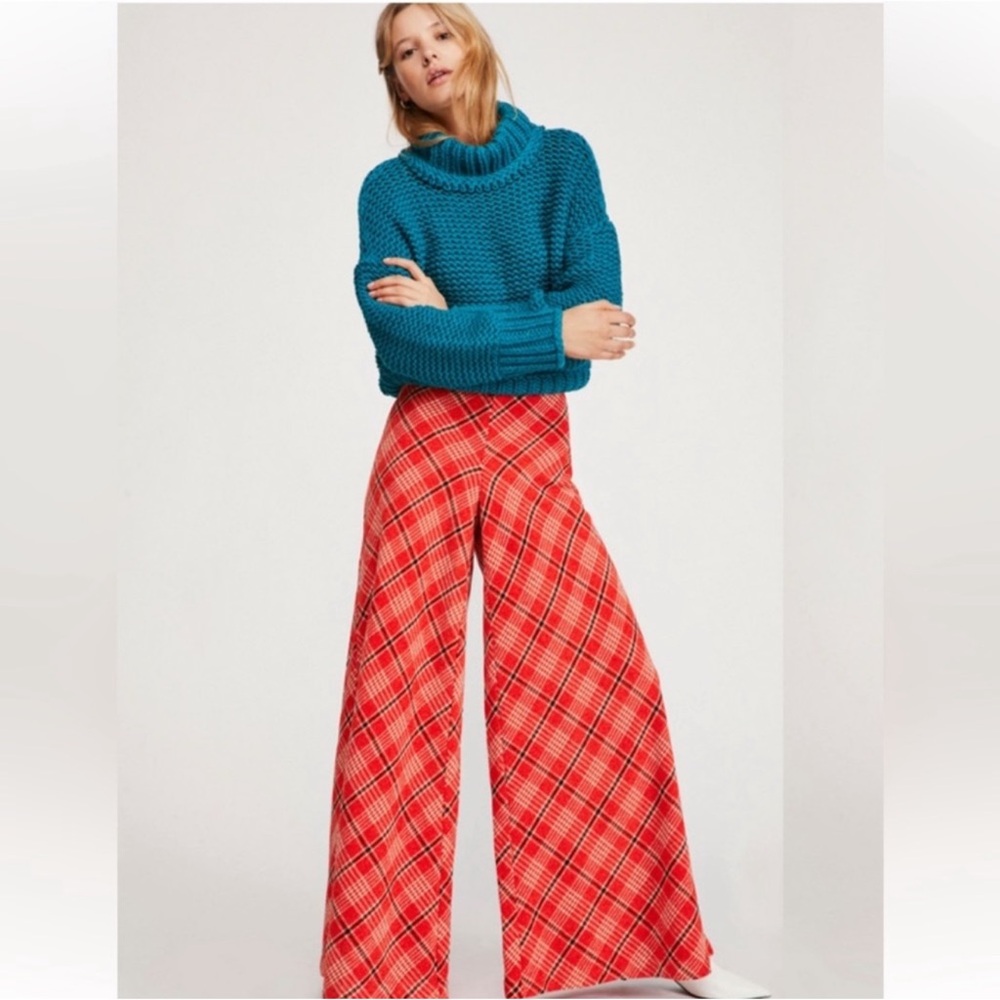 Free People Red Plaid Wide Leg Pants